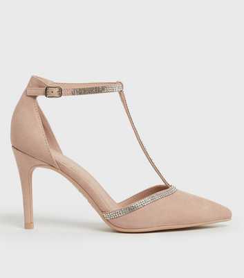 Pale Pink Suedette Diamanté Stiletto Heel Court Shoes