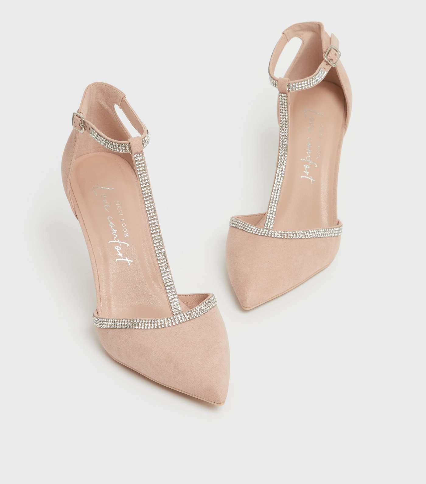 Pale Pink Suedette Diamanté Stiletto Heel Court Shoes Image 3