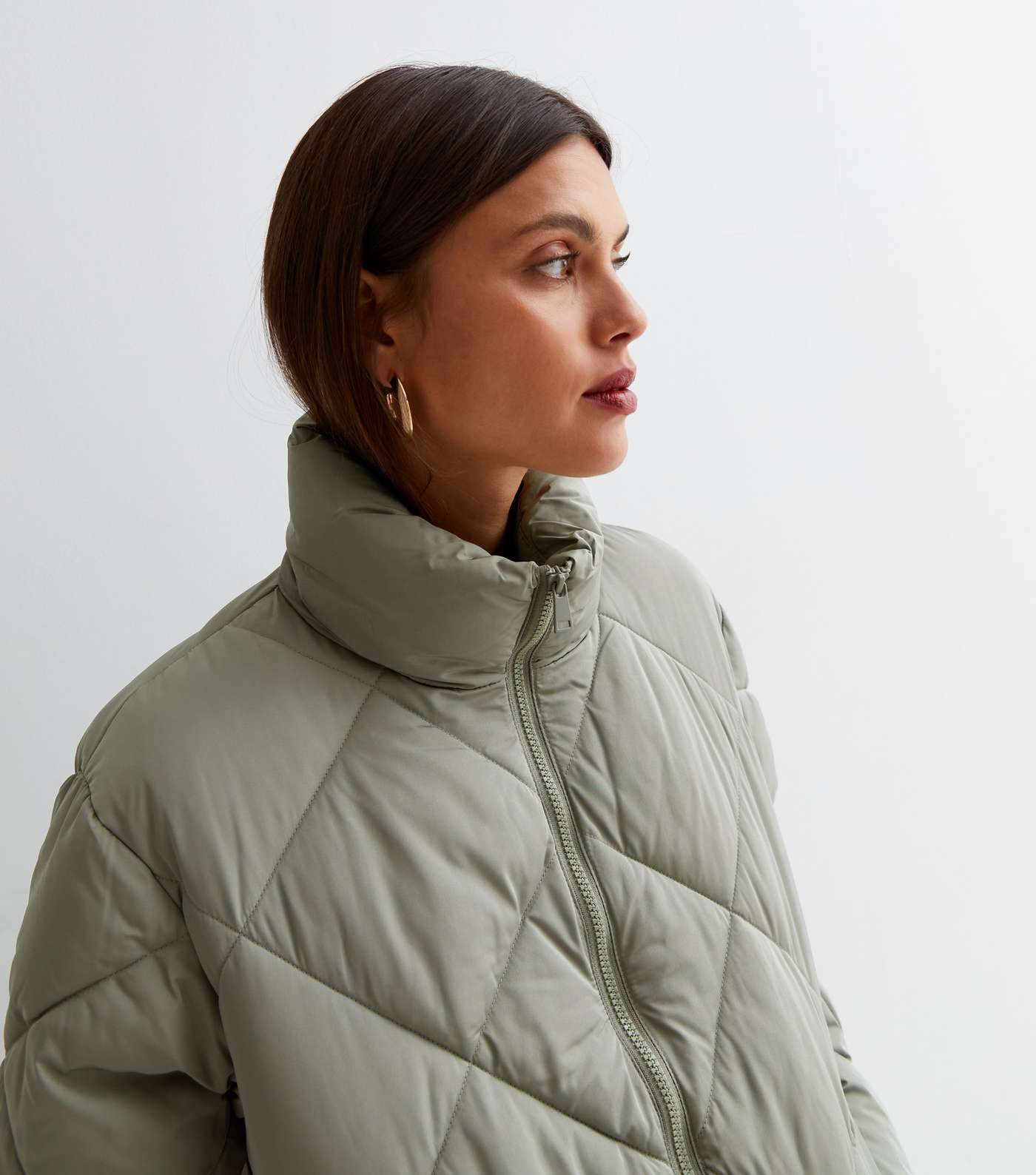 Olive Quilted High Neck Puffer Jacket Image 2
