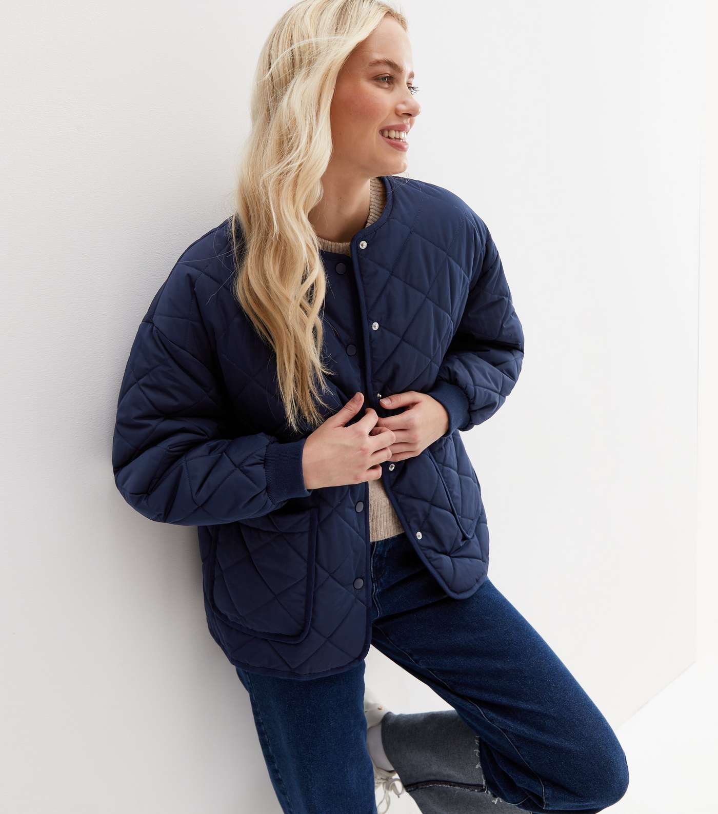 Navy Quilted Collarless Jacket