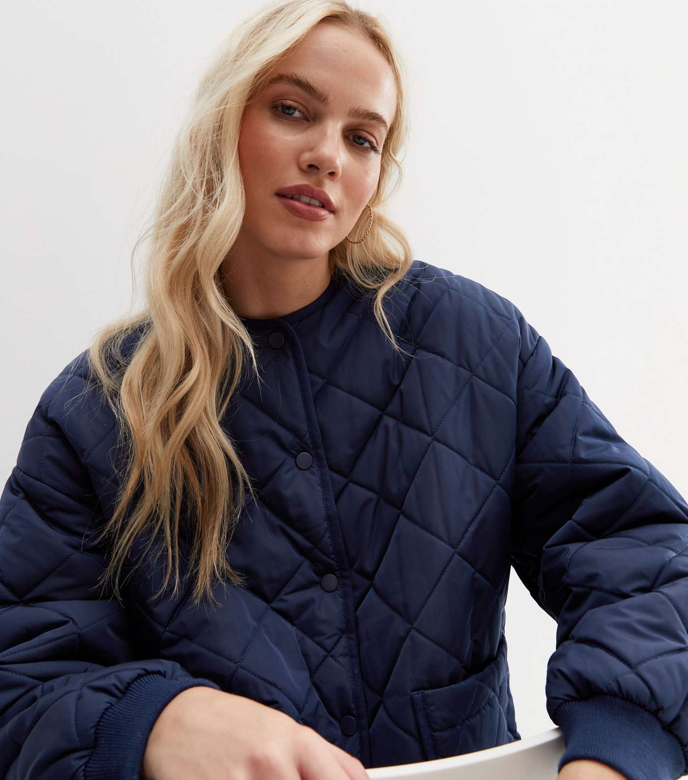 Navy Quilted Collarless Jacket Image 3