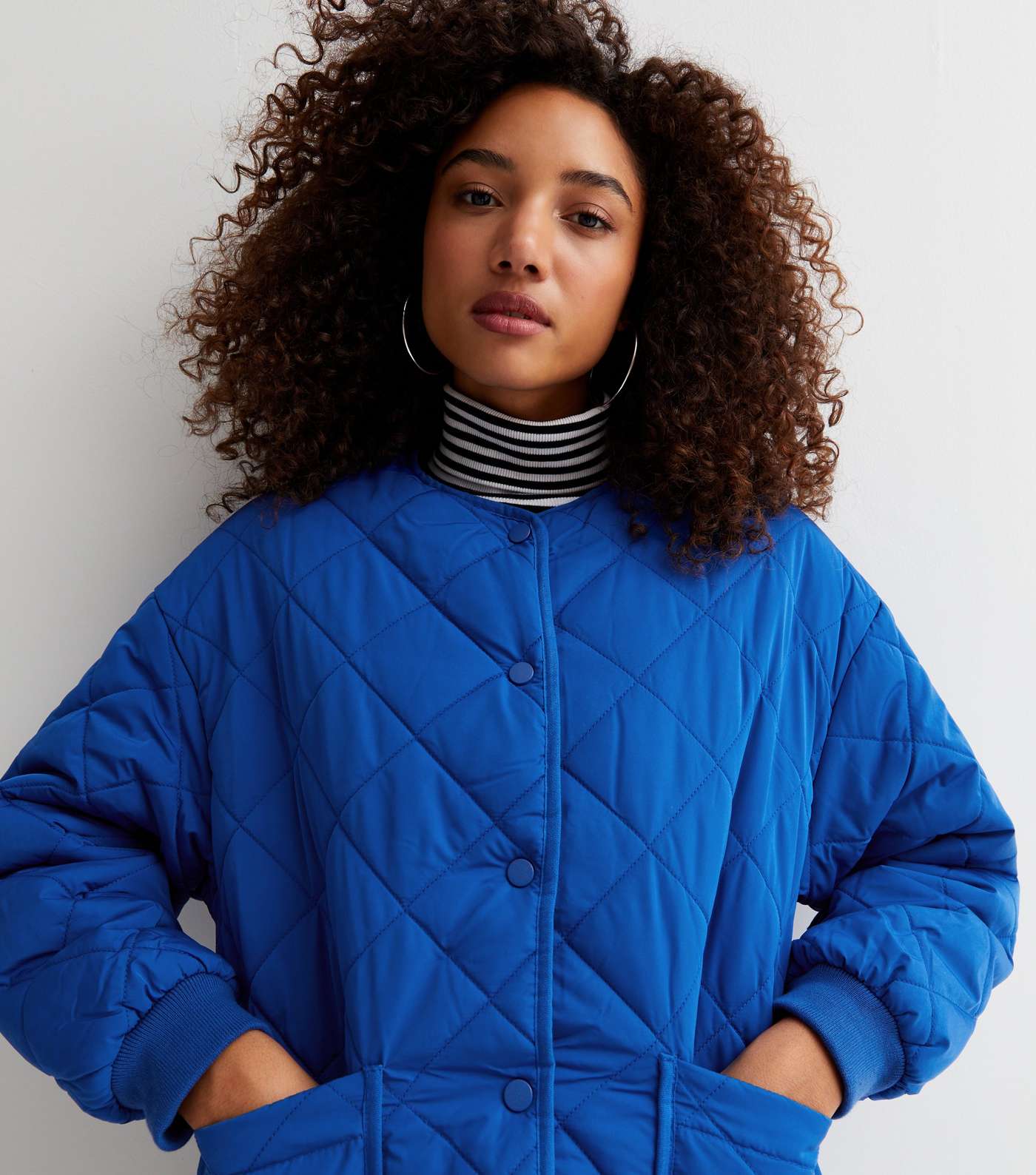 Bright Blue Quilted Collarless Jacket Image 2