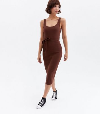 Dark Brown Ribbed Belted Midi Dress New Look