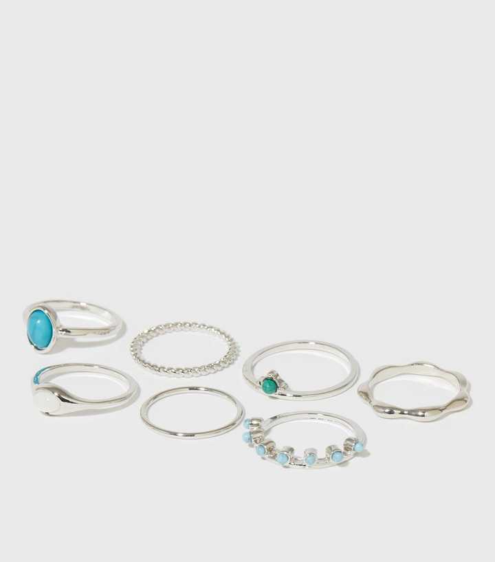 7 Pack Silver Gem Stacking Rings