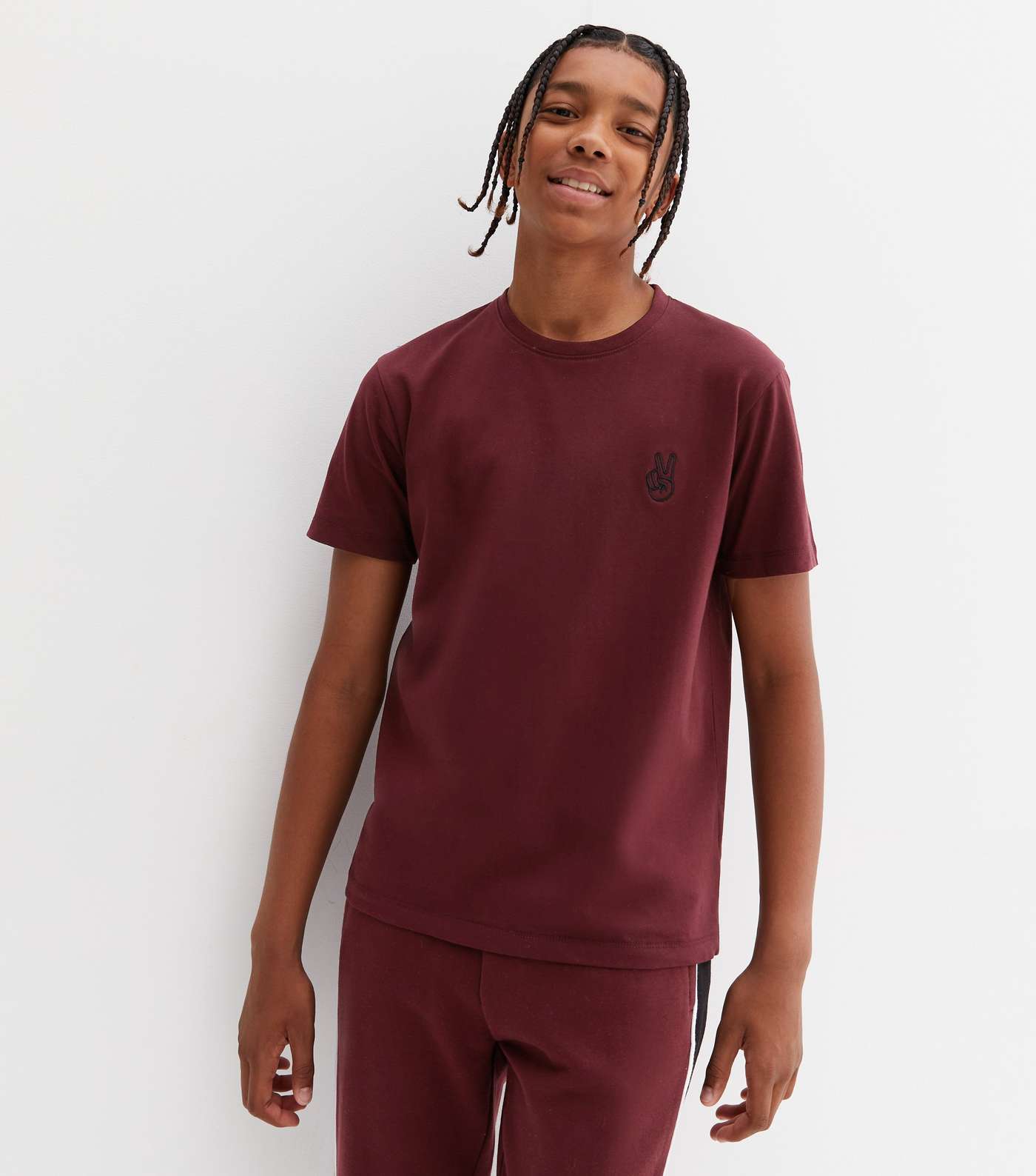 Boys Burgundy Peace Embroidered T-Shirt Image 3