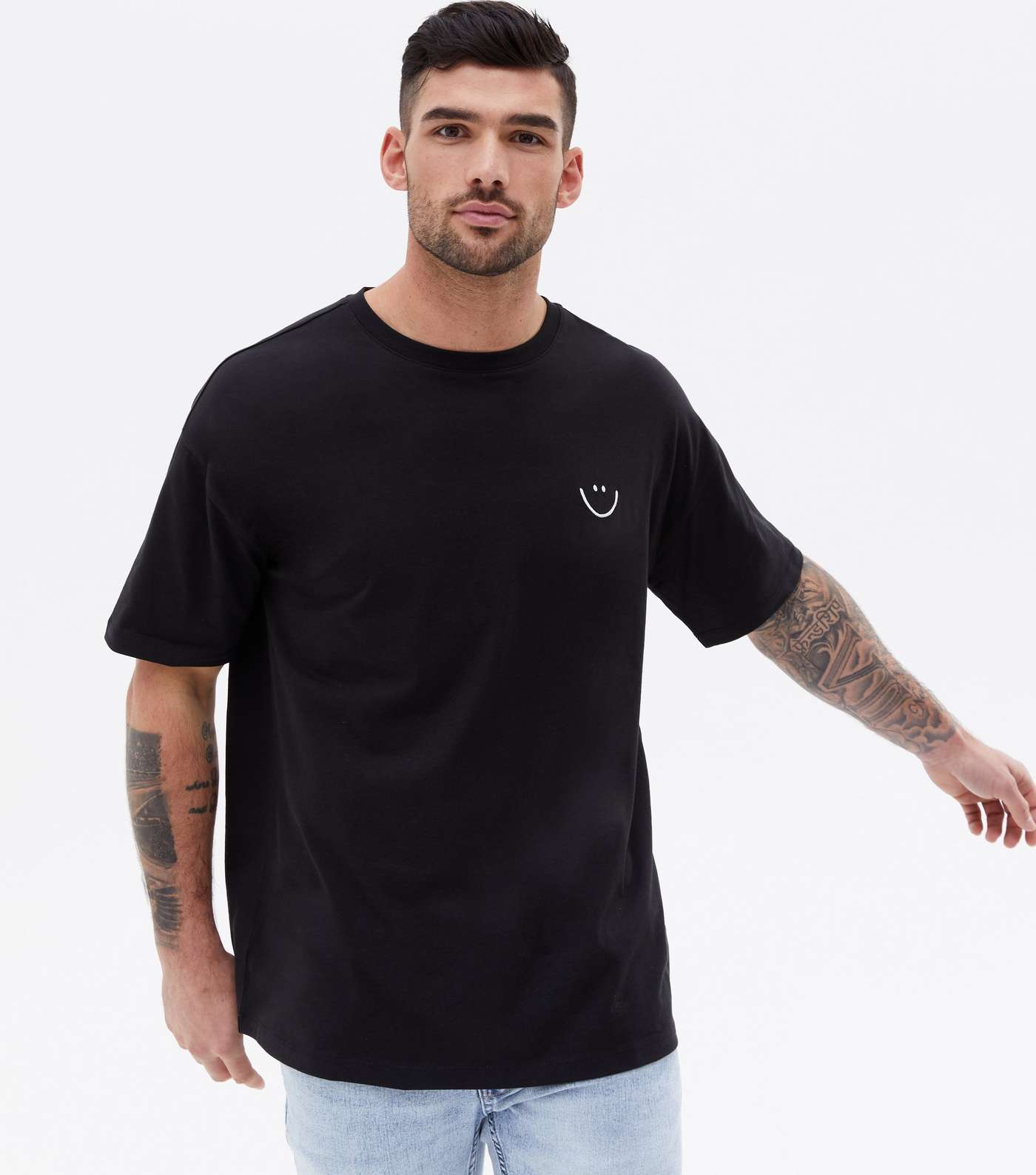 Black Embroidered Happy Face Oversized T-Shirt
