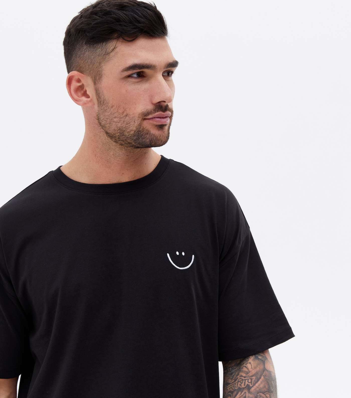 Black Embroidered Happy Face Oversized T-Shirt Image 3