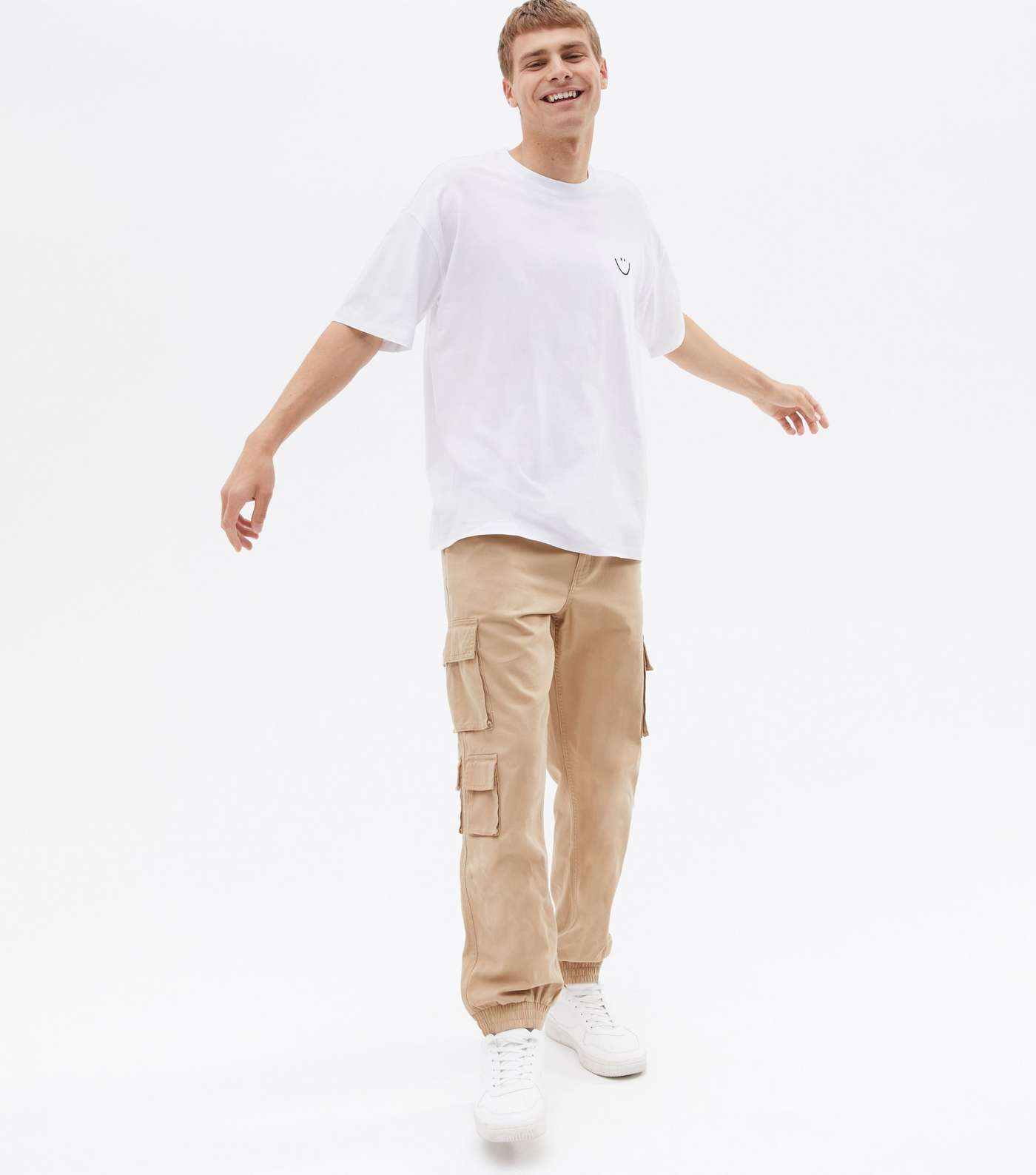 White Embroidered Happy Face Oversized T-Shirt Image 2