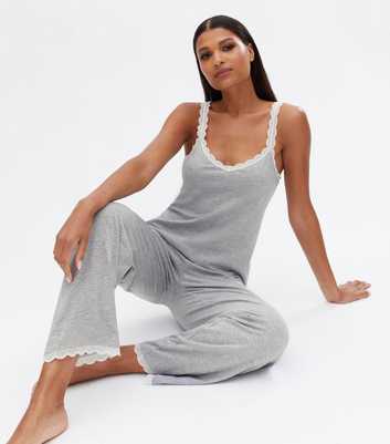 Grey Trouser Pyjama Set with Scallop Lace Trim