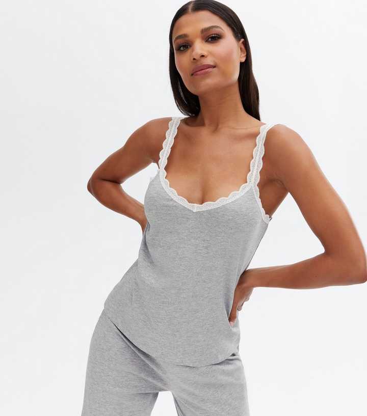 Tall Grey Trouser Pyjama Set with Scallop Lace Trim