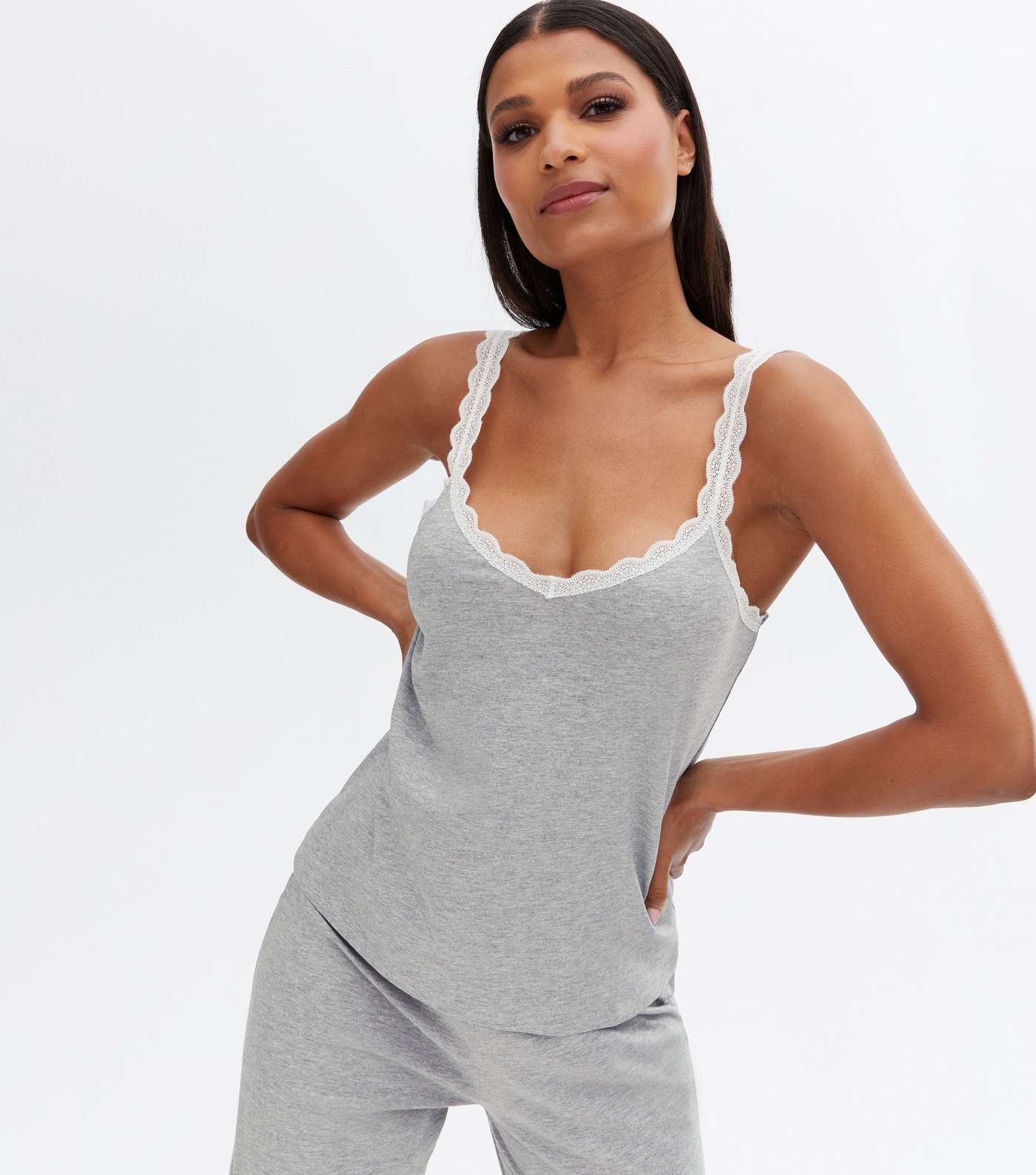 Grey Trouser Pyjama Set with Scallop Lace Trim Image 2