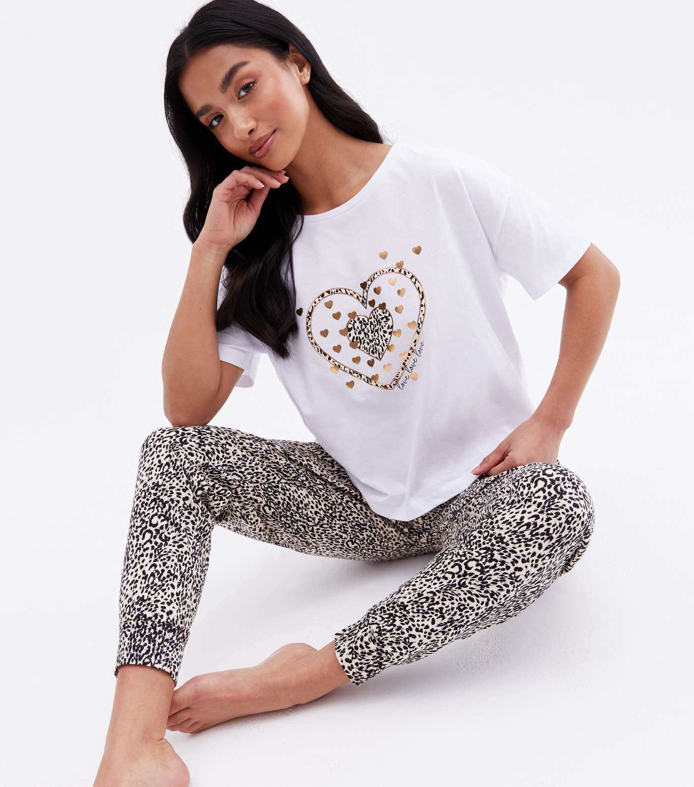 Petite White Heart Leopard Print Metallic T-Shirt and Jogger Pyjama Set