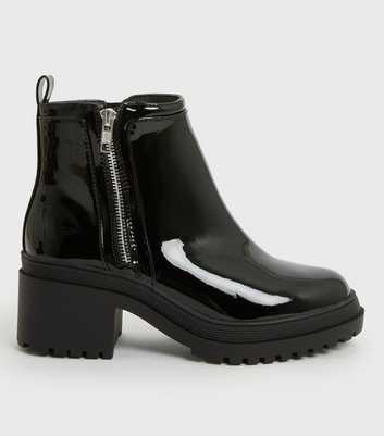 Wide Fit Black Patent Block Heel Zip Ankle Boots