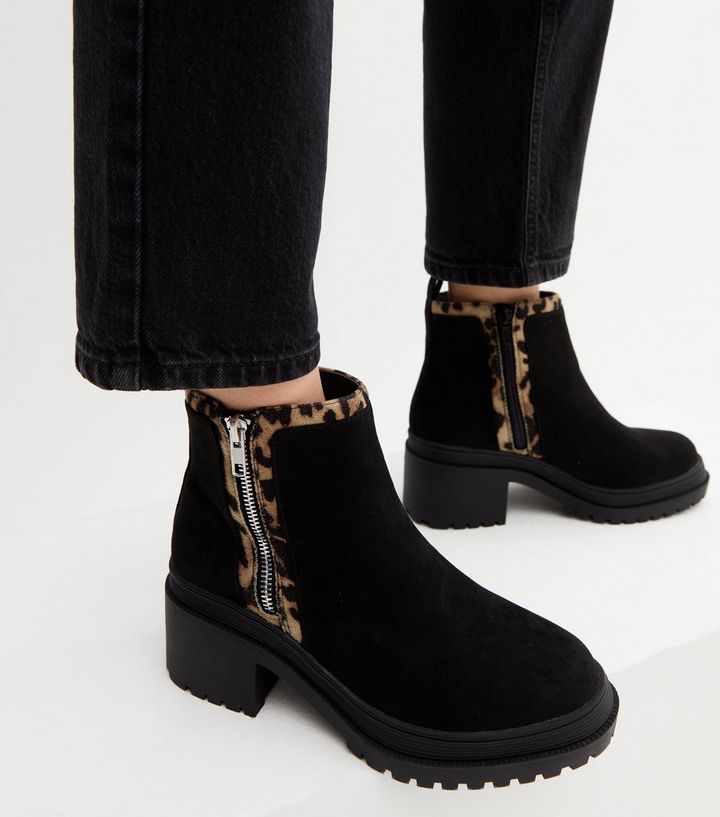 Wide Fit Black Suedette Animal Print Trim Chunky Ankle Boots | New Look