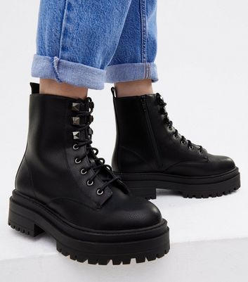Wide Fit Black Lace Up Chunky Boots | New Look