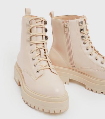 Wide Fit Off White Lace Up Chunky Boots 