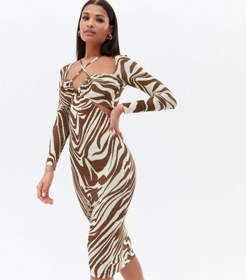 Brown Zebra Print Cross Strap Midi Bodycon Dress New Look