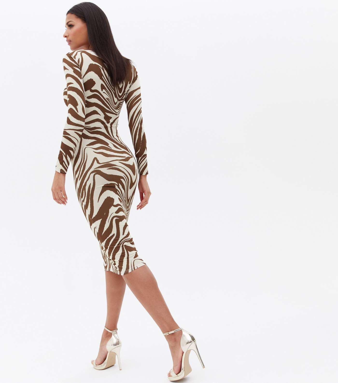 Brown Zebra Print Cross Strap Midi Bodycon Dress Image 4