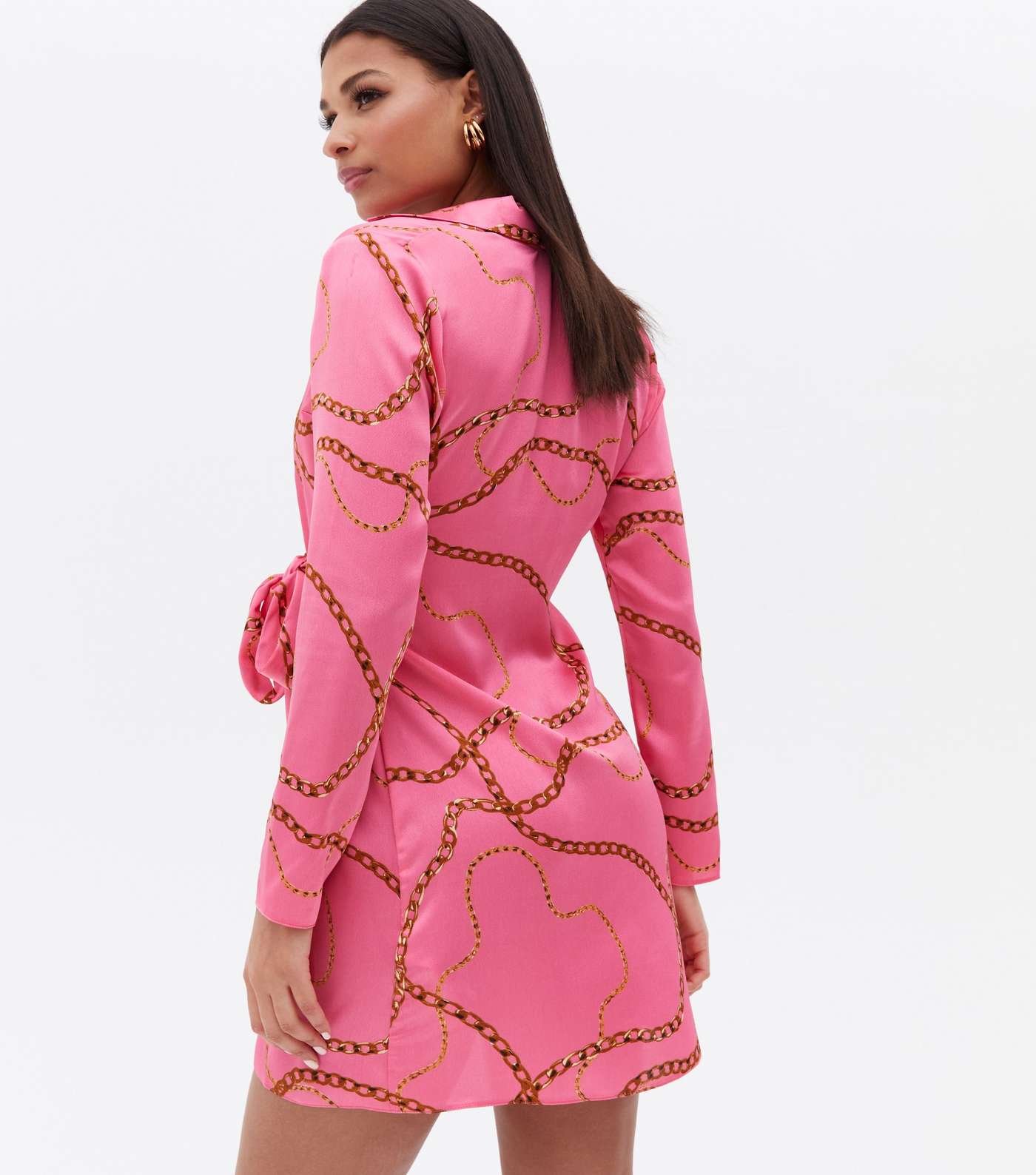 Pink Chain Satin Collared Mini Wrap Dress Image 4