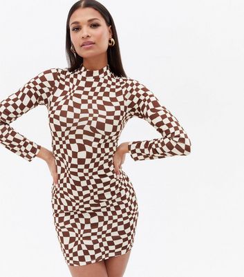 Brown Checkerboard Ring Cut Out Side Bodycon Dress New Look