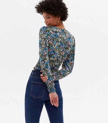 Blue Ditsy Floral Shirred Puff Sleeve Wrap Top New Look