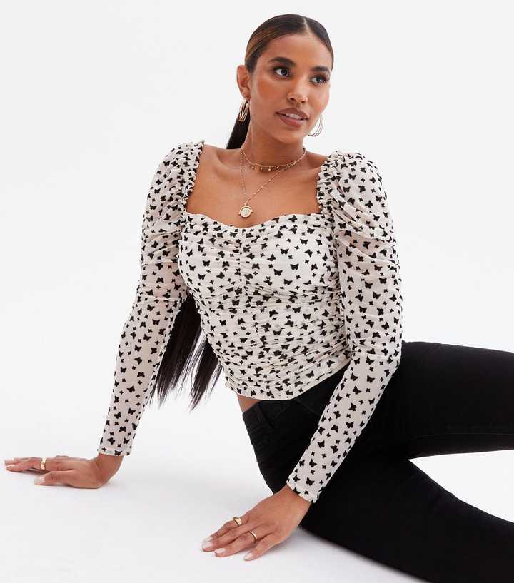 White Flocked Butterfly Mesh Ruched Top