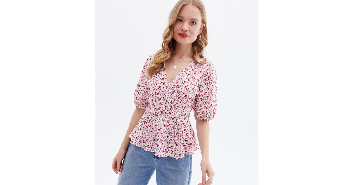 Pink Floral Peplum Wrap Blouse New Look