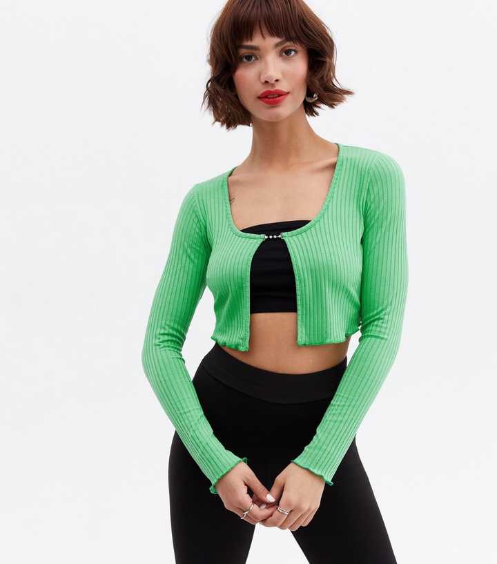 Green Ribbed Diamanté Link Crop Cardigan