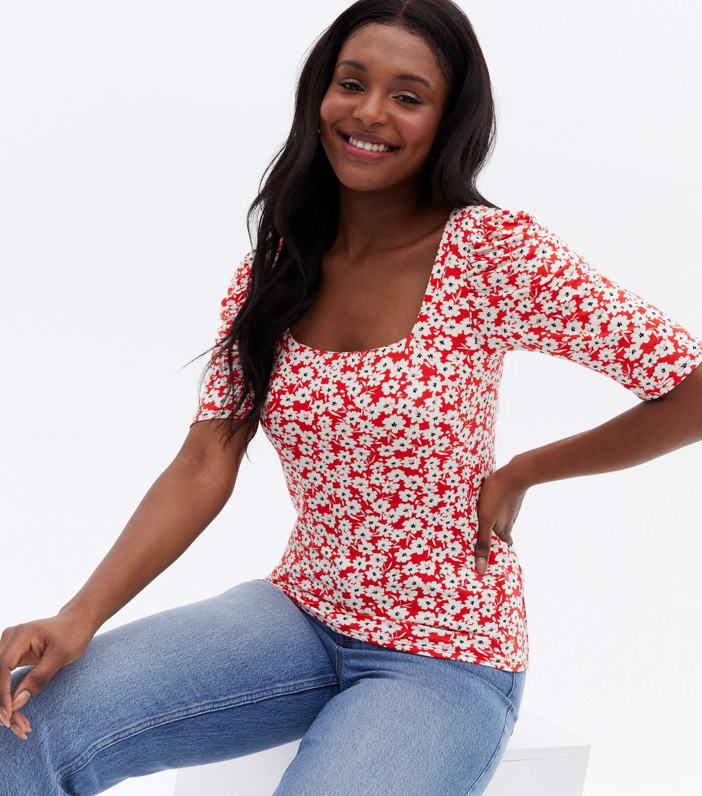 Red Floral Jersey Square Neck Puff Sleeve Top