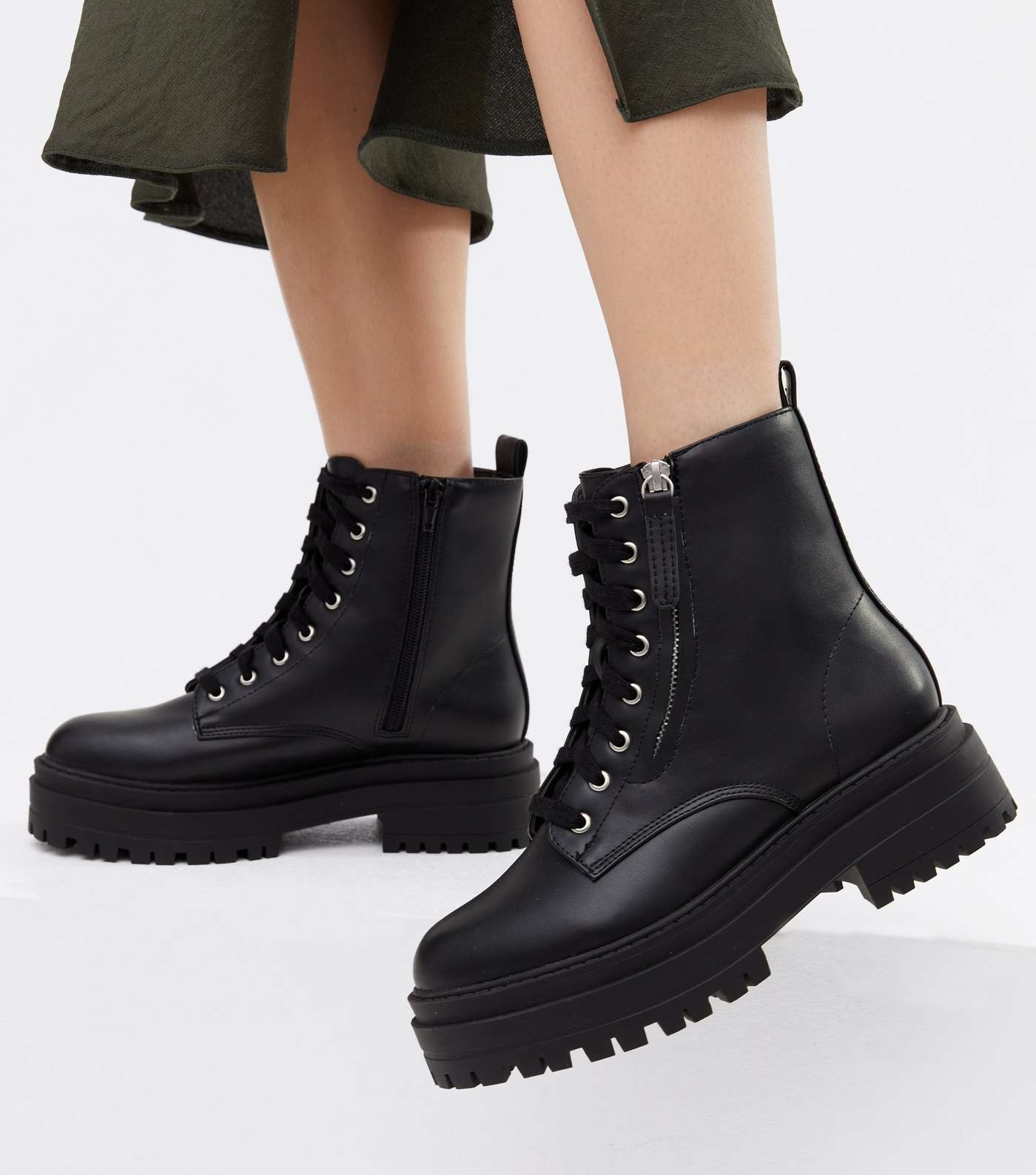 Black Leather-Look Zip Side Lace Up Chunky Boots Image 2
