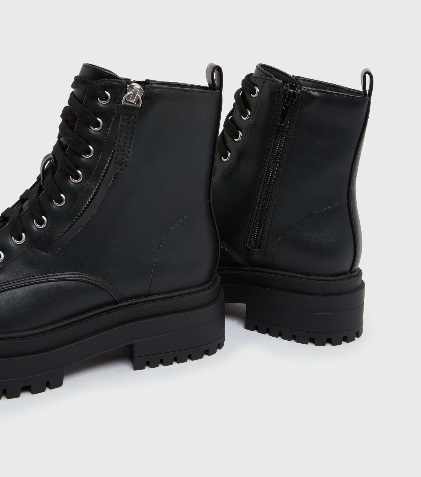 Black Leather-Look Zip Side Lace Up Chunky Boots Image 4