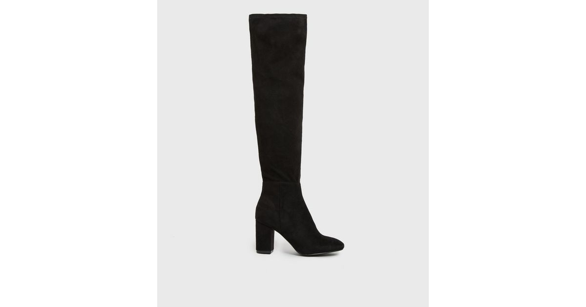 Black Suedette Over the Knee Block Heel Boots New Look