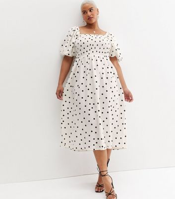 Curves White Spot Square Neck Shirred 