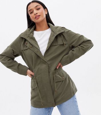 Petite Khaki Hooded Drawstring Jacket 