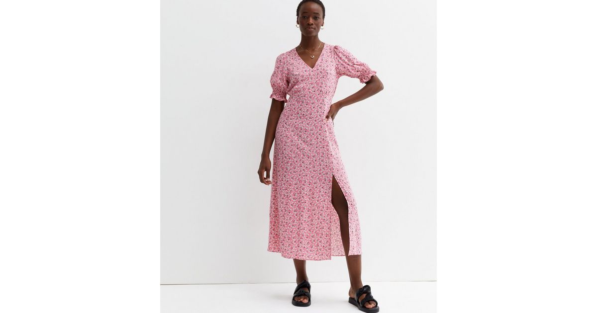 Tall Pink Ditsy Floral Puff Sleeve Split Hem Midi Dress | New Look