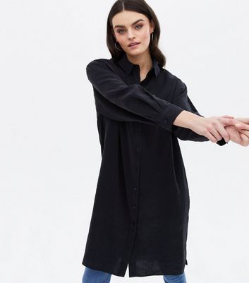 Black Denim-Look Drawstring Mini Shirt Dress | New Look