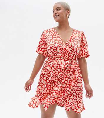 Curves Red Jacquard Heart Satin Mini Wrap Dress