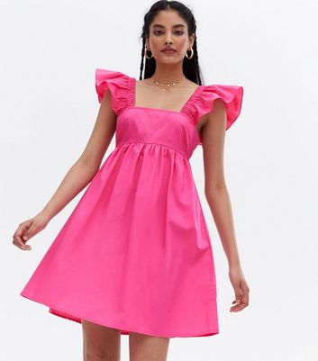 Bright Pink Poplin Tie Back Square Neck Mini Dress | New Look