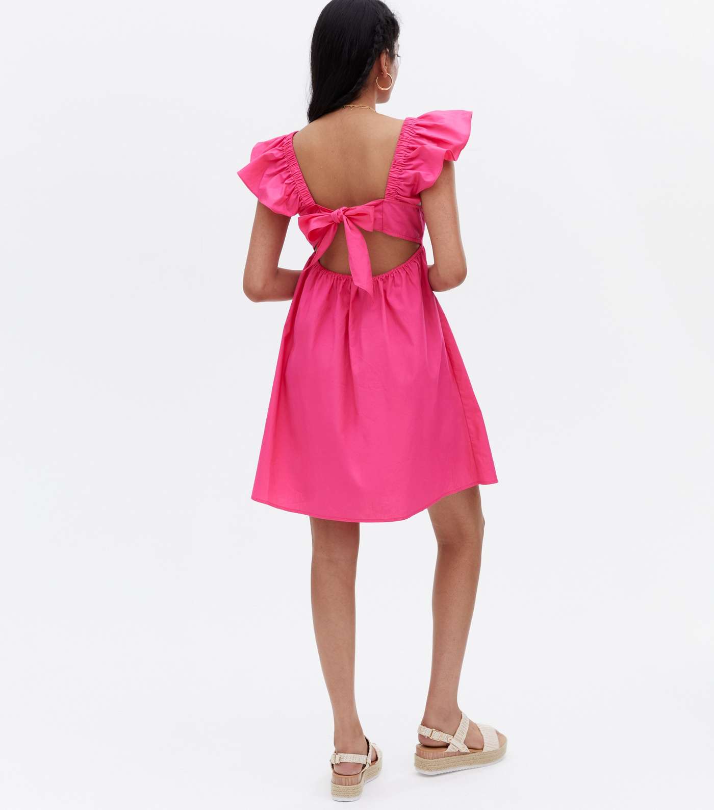 Bright Pink Poplin Tie Back Square Neck Mini Dress Image 4