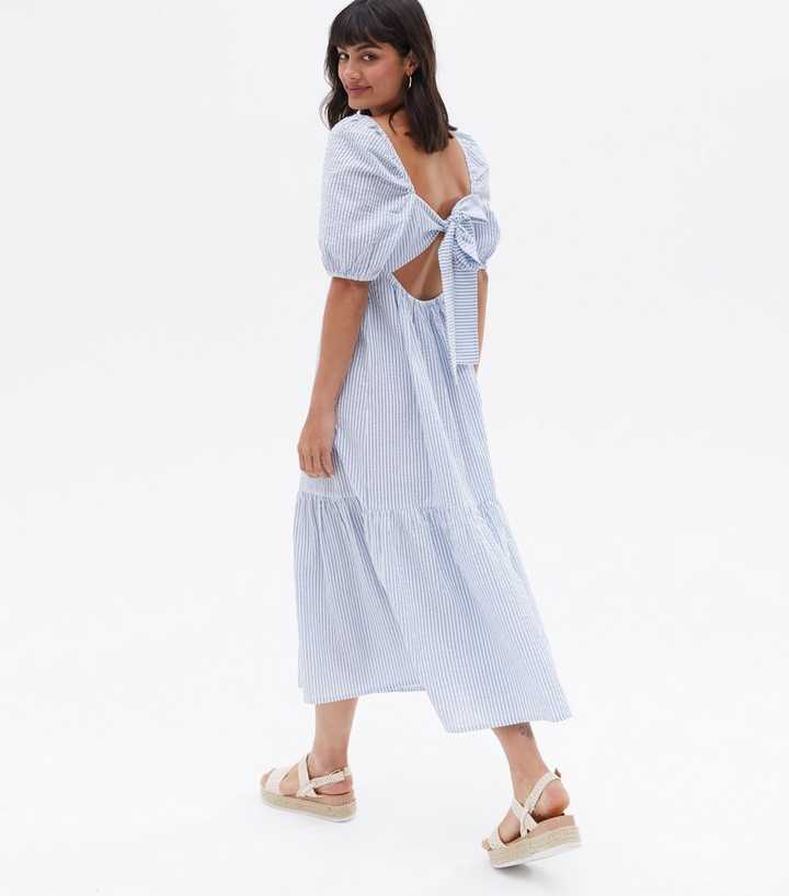 Blue Stripe Puff Sleeve Tie Back Midi Smock Dress