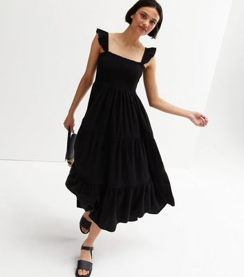 Black Shirred Square Neck Tiered Frill Midi Dress New Look