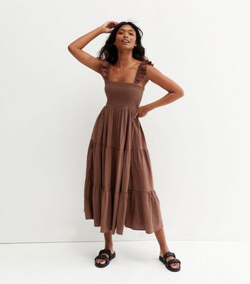 Dark Brown Shirred Square Neck Tiered Frill Midi Dress New Look