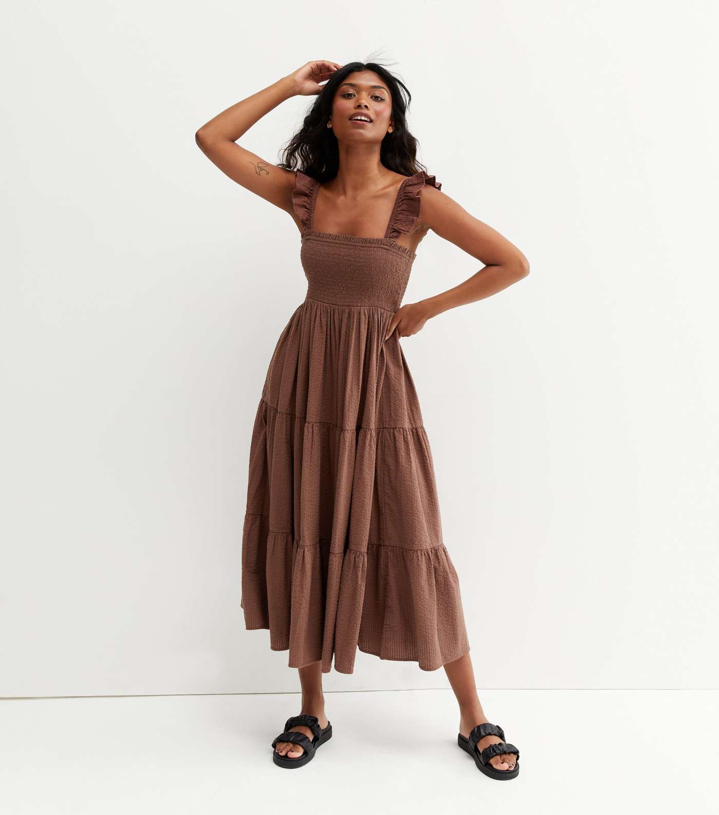 Dark Brown Shirred Square Neck Tiered Frill Midi Dress Image 2