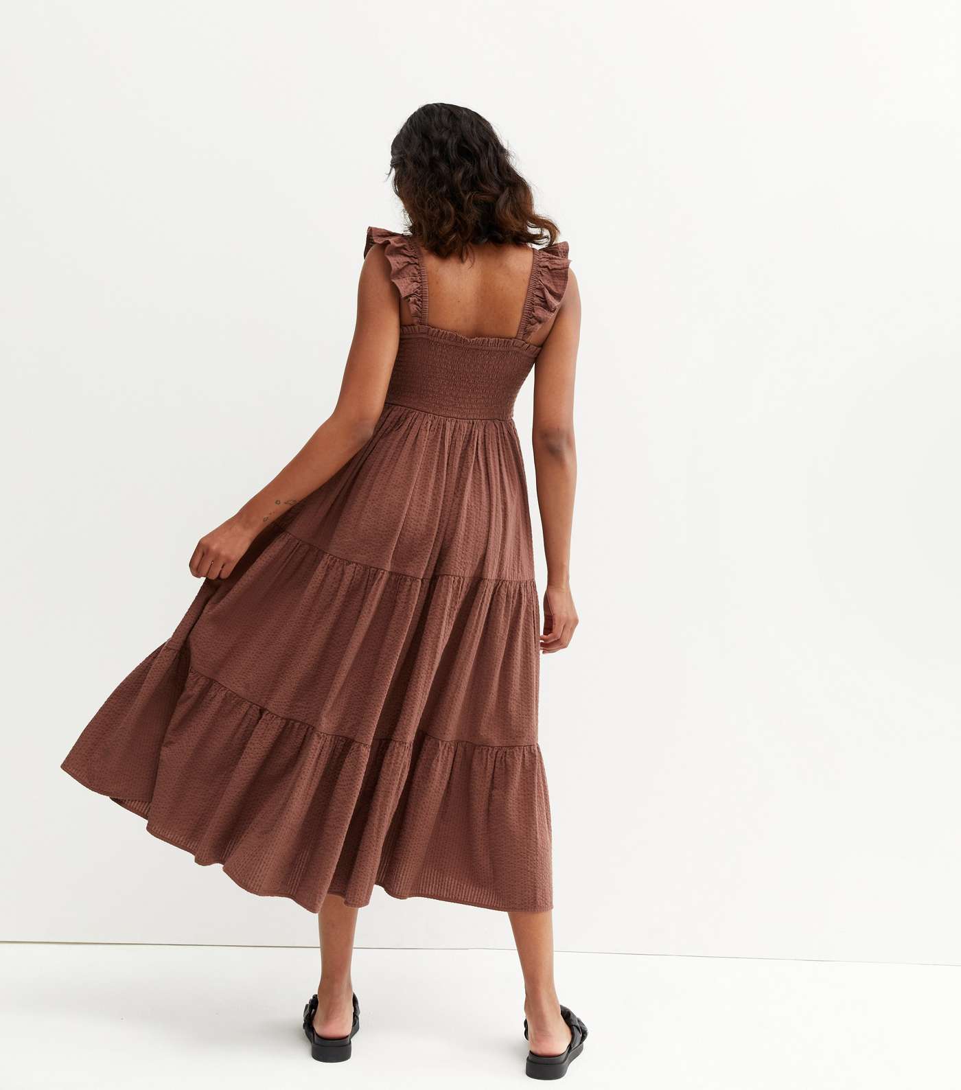 Dark Brown Shirred Square Neck Tiered Frill Midi Dress Image 4