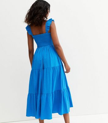 Blue Shirred Square Neck Tiered Frill Midi Dress New Look