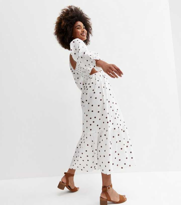 White Spot Linen-Look Cut Out Tiered Midi Dress