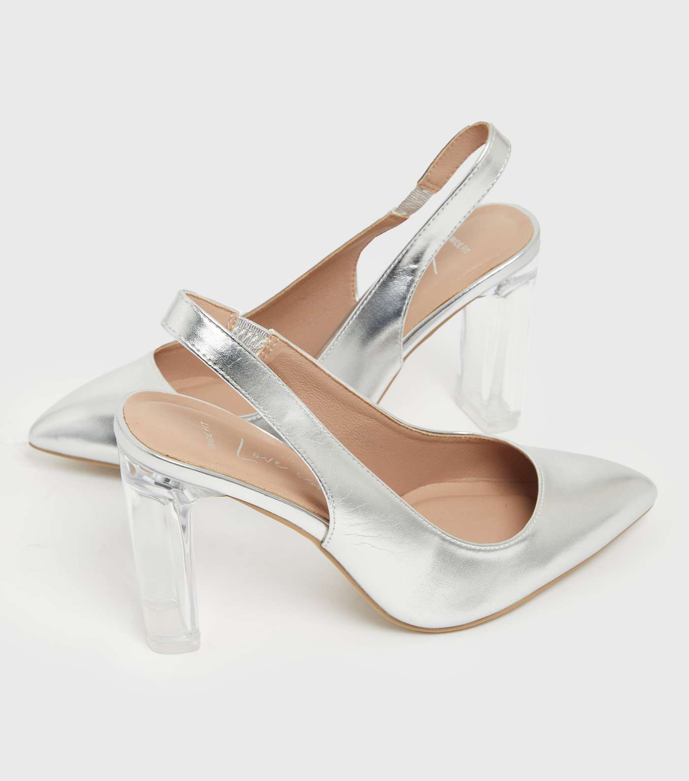 Wide Fit Silver Clear Block Heel Court Shoes Image 4