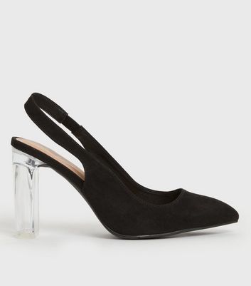 Wide Fit Black Suedette Clear Block Heel Court Shoes New Look