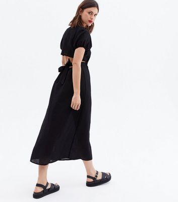 Black Linen Look Cut Out Open Back Midi Dress New Look