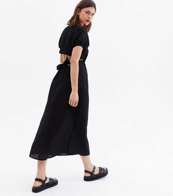 Black Linen-Look Cut Out Open Back Midi Dress Black Linen-Look Cut Out Open Back Midi Dress